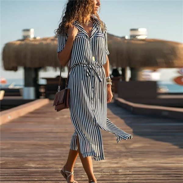 The Best Office Ladies Stripe Shirt Dress Chiffon Casual Long Sleeve Dress Online - Source Silk