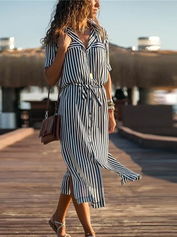 The Best Office Ladies Stripe Shirt Dress Chiffon Casual Long Sleeve Dress Online - Source Silk