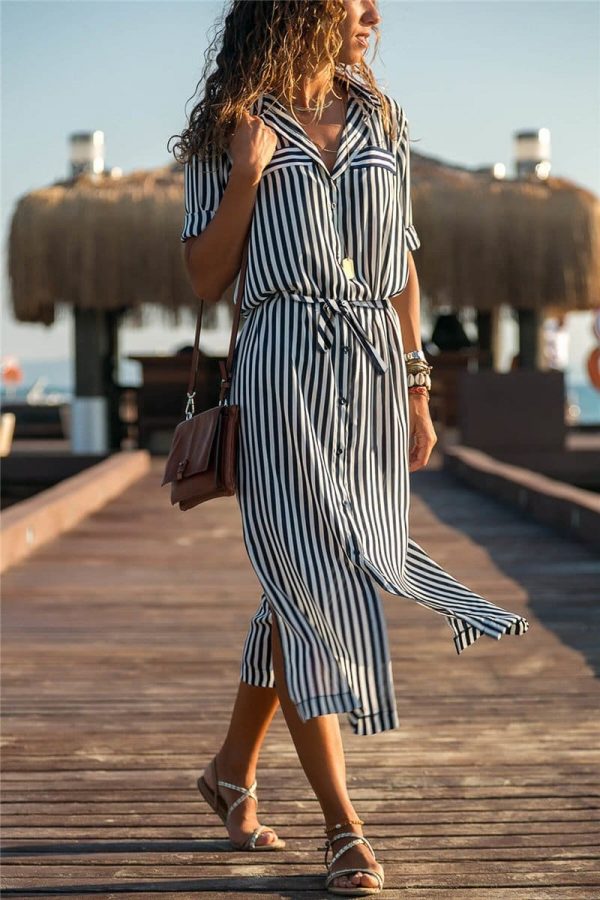 The Best Office Ladies Stripe Shirt Dress Chiffon Casual Long Sleeve Dress Online - Source Silk