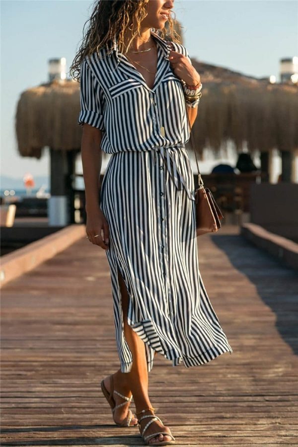 The Best Office Ladies Stripe Shirt Dress Chiffon Casual Long Sleeve Dress Online - Source Silk