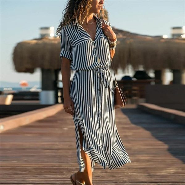 The Best Office Ladies Stripe Shirt Dress Chiffon Casual Long Sleeve Dress Online - Source Silk