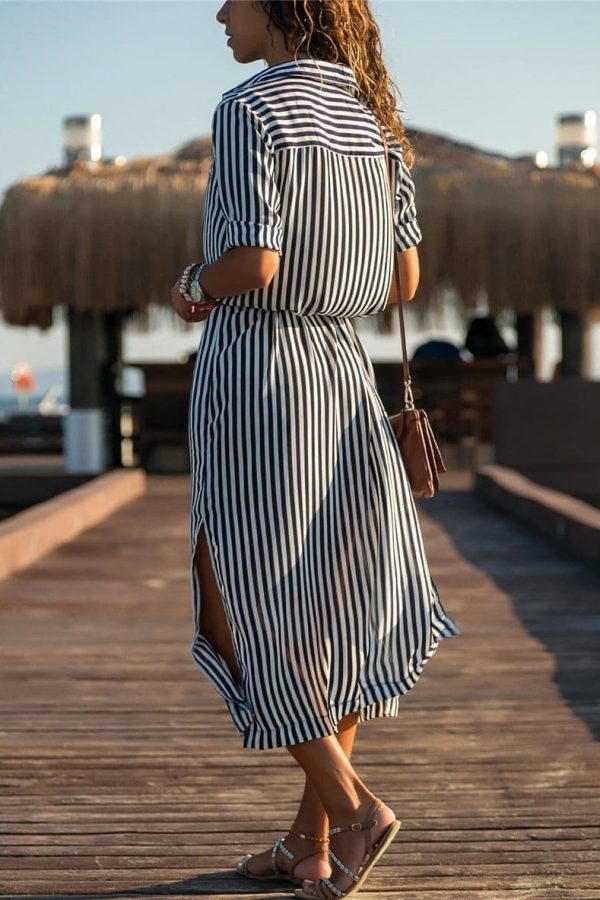 The Best Office Ladies Stripe Shirt Dress Chiffon Casual Long Sleeve Dress Online - Source Silk