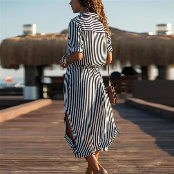 The Best Office Ladies Stripe Shirt Dress Chiffon Casual Long Sleeve Dress Online - Source Silk