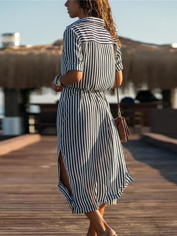 The Best Office Ladies Stripe Shirt Dress Chiffon Casual Long Sleeve Dress Online - Source Silk