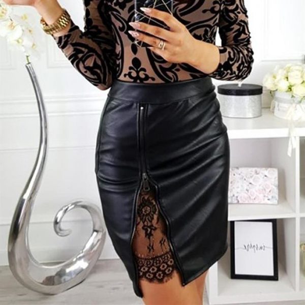 The Best OL Formal Lace Patchwork Bodycon Skirts High Waist Zipper PU Leather Skirts Online - Takalr