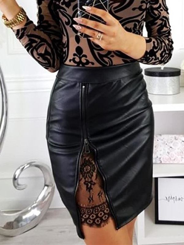 The Best OL Formal Lace Patchwork Bodycon Skirts High Waist Zipper PU Leather Skirts Online - Takalr