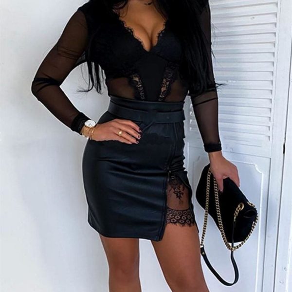 The Best OL Formal Lace Patchwork Bodycon Skirts High Waist Zipper PU Leather Skirts Online - Takalr