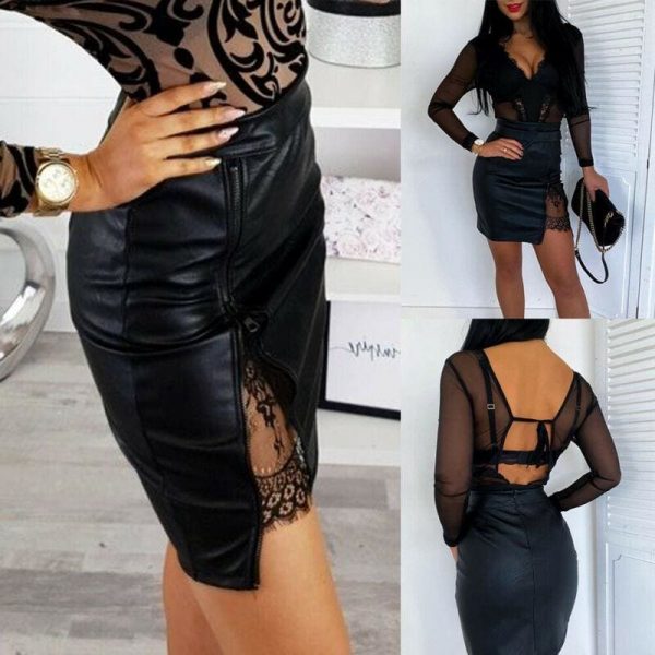 The Best OL Formal Lace Patchwork Bodycon Skirts High Waist Zipper PU Leather Skirts Online - Takalr