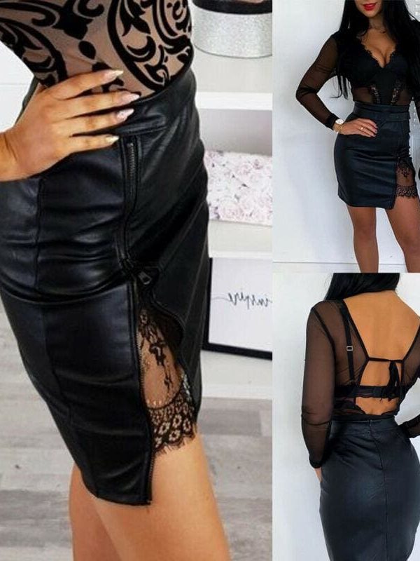 The Best OL Formal Lace Patchwork Bodycon Skirts High Waist Zipper PU Leather Skirts Online - Takalr