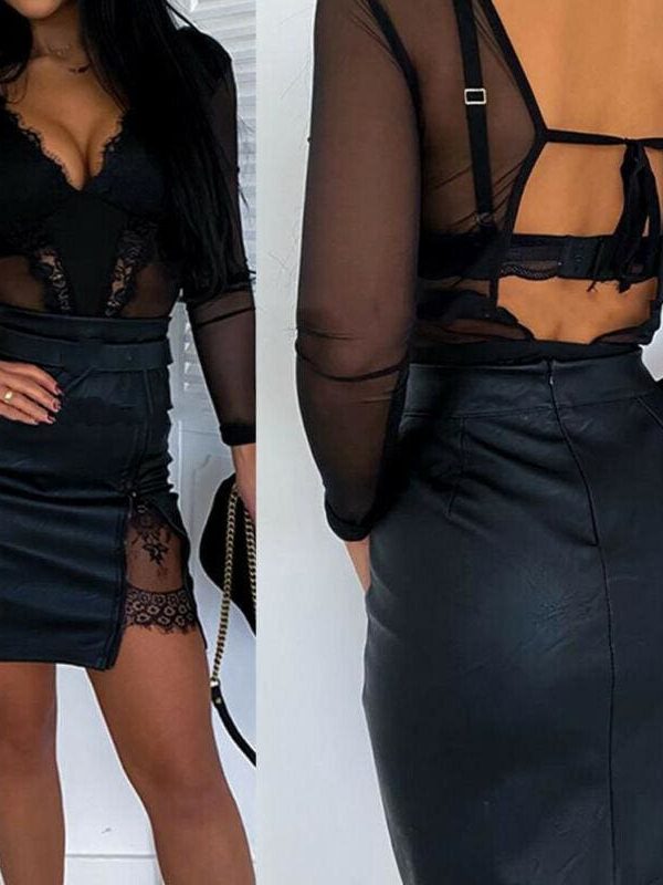 The Best OL Formal Lace Patchwork Bodycon Skirts High Waist Zipper PU Leather Skirts Online - Takalr