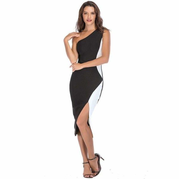 The Best One Shoulder Dress Women Sleeveless Patchwork Bodycon Dress Online - Source Silk