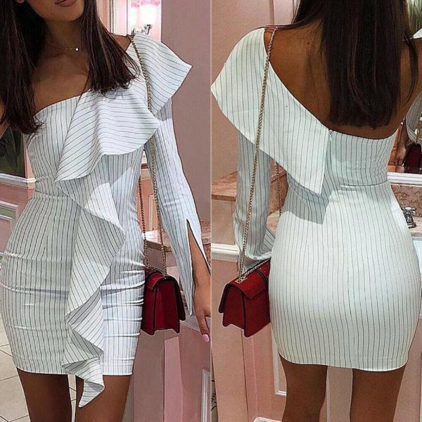 The Best One Shoulder Ruffle Striped Bodycon Dress Ladies Evening Party Short Mini Dresses Online - Takalr