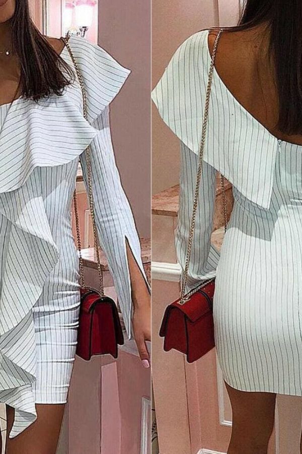 The Best One Shoulder Ruffle Striped Bodycon Dress Ladies Evening Party Short Mini Dresses Online - Takalr