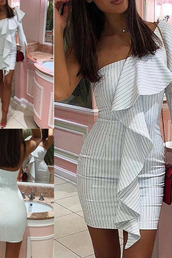 The Best One Shoulder Ruffle Striped Bodycon Dress Ladies Evening Party Short Mini Dresses Online - Takalr