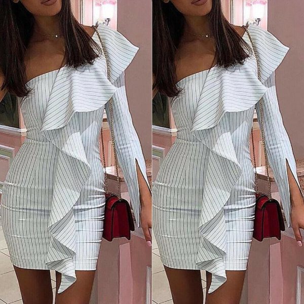 The Best One Shoulder Ruffle Striped Bodycon Dress Ladies Evening Party Short Mini Dresses Online - Takalr