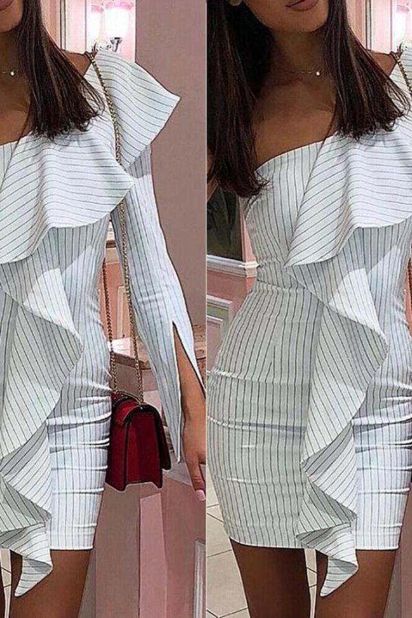 The Best One Shoulder Ruffle Striped Bodycon Dress Ladies Evening Party Short Mini Dresses Online - Takalr