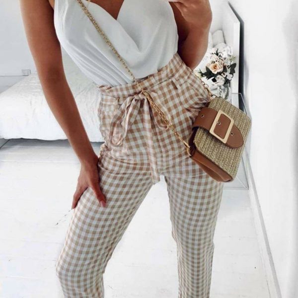 The Best Plaid Harem Pants Women Casual Sweatpants Jogger Fashion Bandage Ruffle High Waist Ankle Length Pants Trousers Online - Takalr