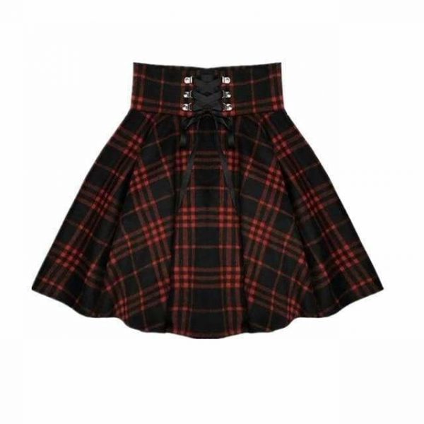 The Best Plaid Pleated Ball Gown High Waist Lace Up Wool Skirt Bottom Online - Source Silk