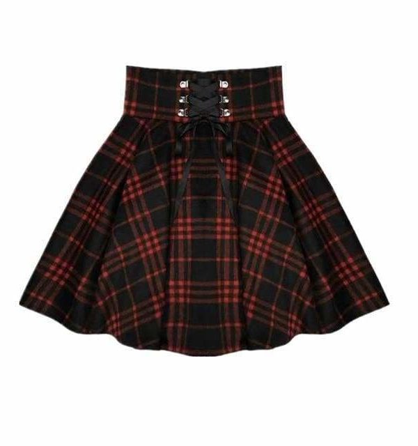 The Best Plaid Pleated Ball Gown High Waist Lace Up Wool Skirt Bottom Online - Source Silk