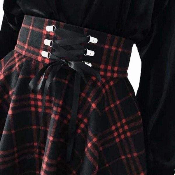 The Best Plaid Pleated Ball Gown High Waist Lace Up Wool Skirt Bottom Online - Source Silk