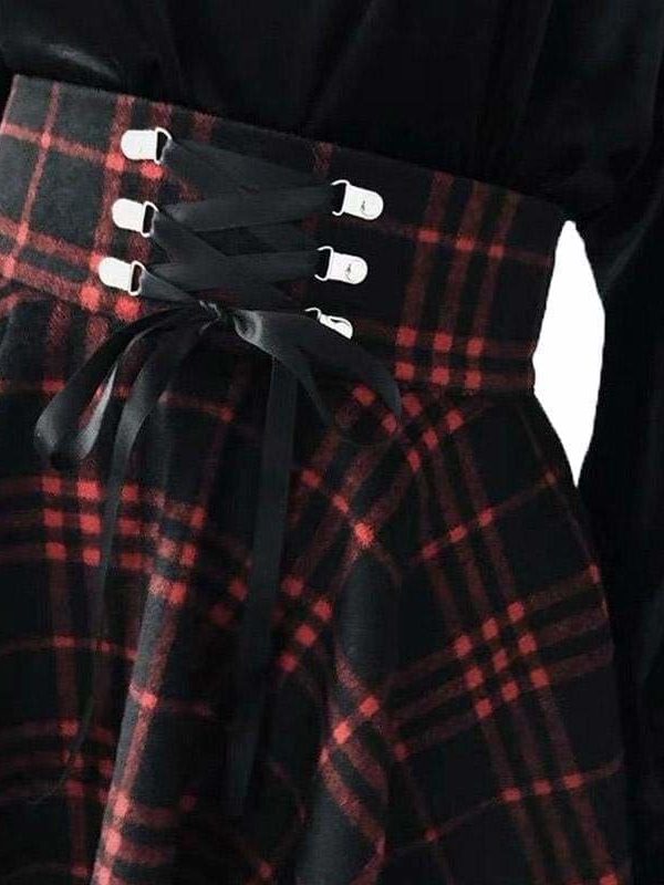 The Best Plaid Pleated Ball Gown High Waist Lace Up Wool Skirt Bottom Online - Source Silk