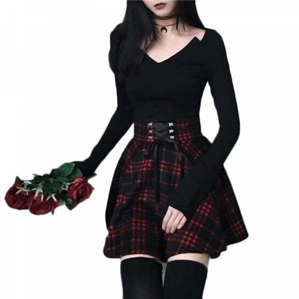 The Best Plaid Pleated Ball Gown High Waist Lace Up Wool Skirt Bottom Online - Source Silk