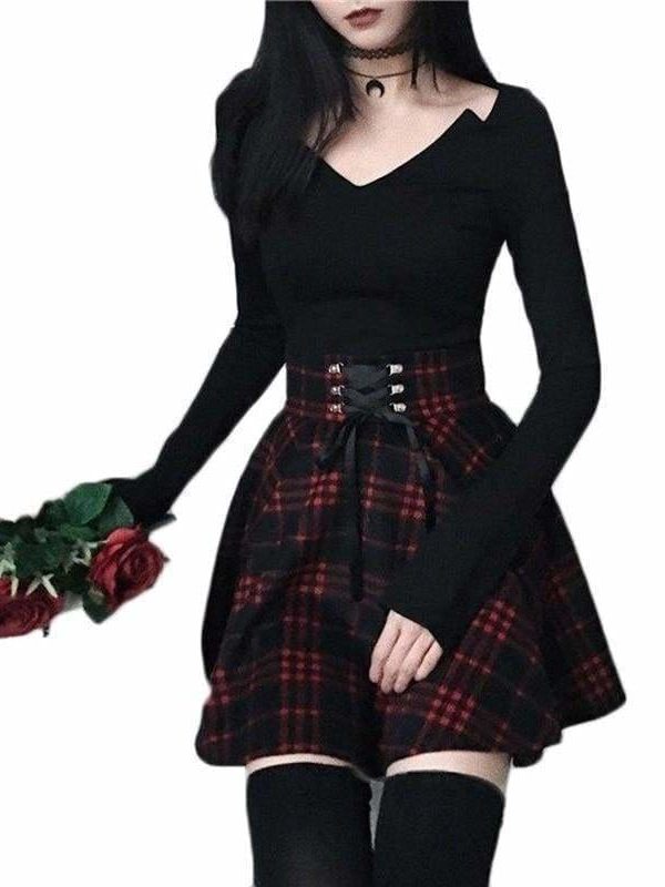 The Best Plaid Pleated Ball Gown High Waist Lace Up Wool Skirt Bottom Online - Source Silk