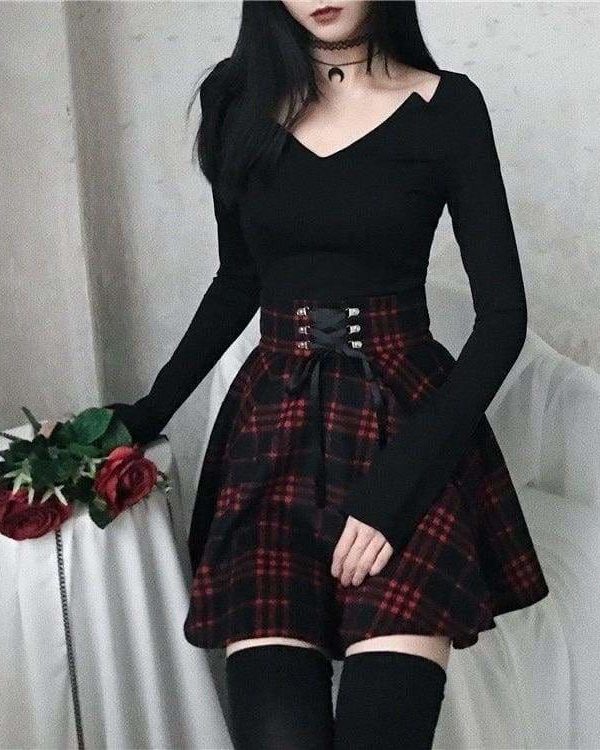 The Best Plaid Pleated Ball Gown High Waist Lace Up Wool Skirt Bottom Online - Source Silk