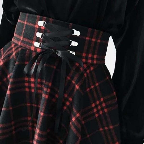 The Best Plaid Pleated Ball Gown High Waist Lace Up Wool Skirt Bottom Online - Source Silk