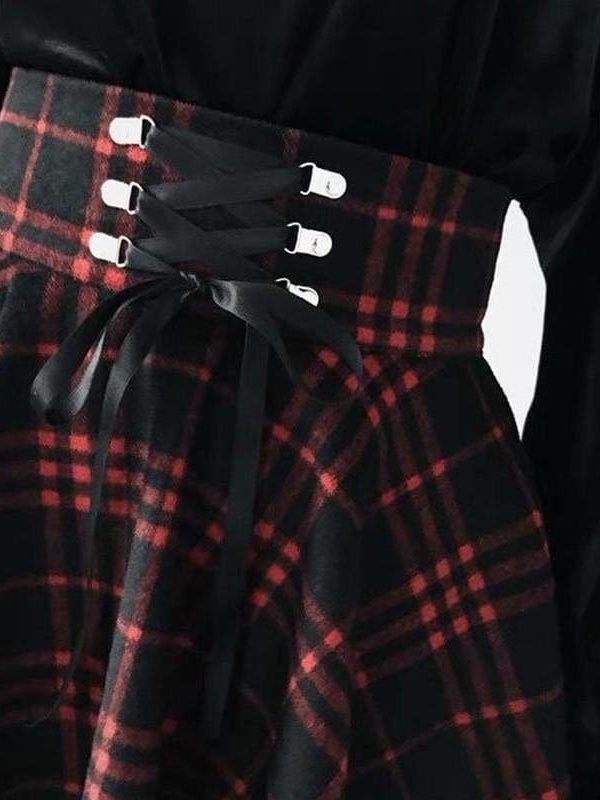 The Best Plaid Pleated Ball Gown High Waist Lace Up Wool Skirt Bottom Online - Source Silk