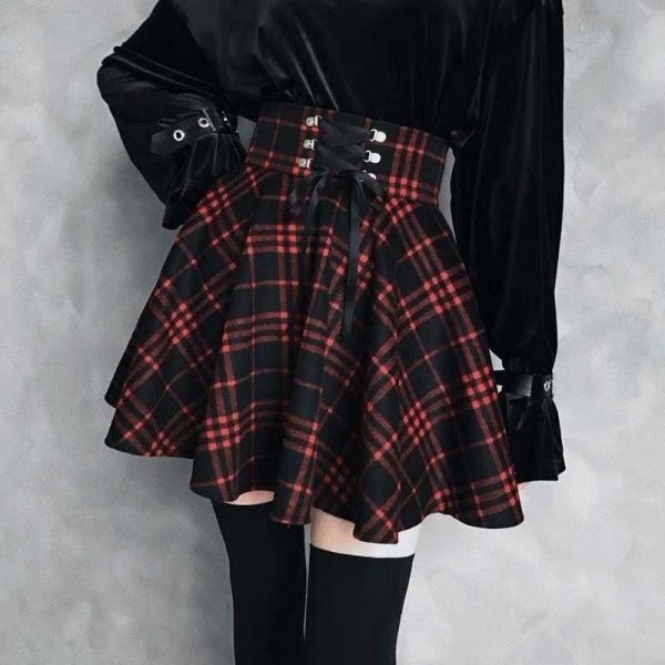 The Best Plaid Pleated Ball Gown High Waist Lace Up Wool Skirt Bottom Online - Source Silk