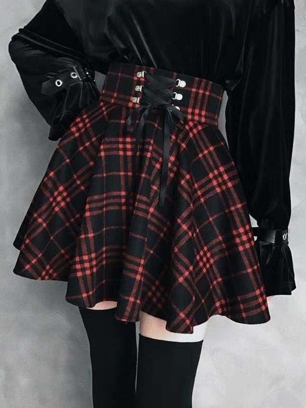 The Best Plaid Pleated Ball Gown High Waist Lace Up Wool Skirt Bottom Online - Source Silk