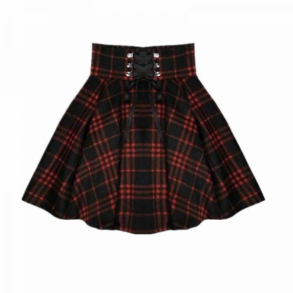 The Best Plaid Pleated Ball Gown High Waist Lace Up Wool Skirt Bottom Online - Source Silk