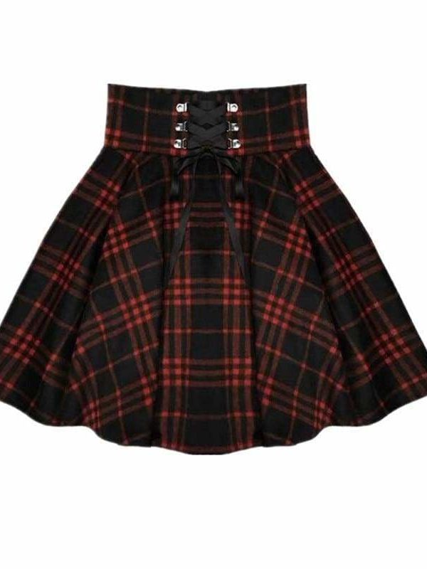 The Best Plaid Pleated Ball Gown High Waist Lace Up Wool Skirt Bottom Online - Source Silk