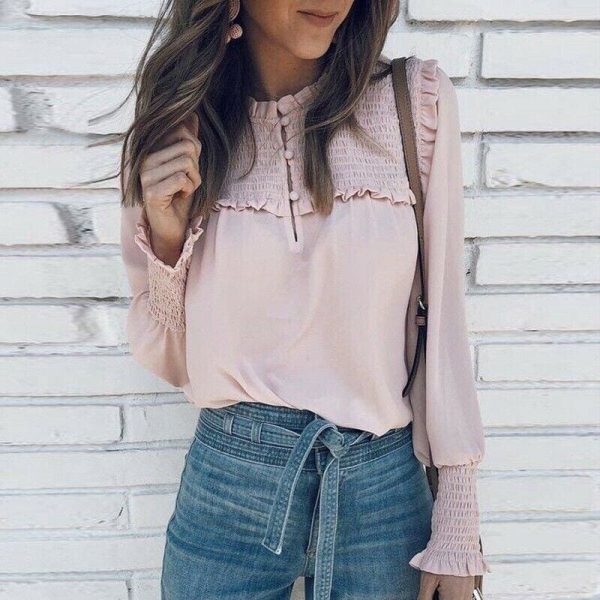 The Best Plus Size Fashion Women Ladies Summer Casual Long Sleeve Loose Blouse Holiday New Chiffon Solid Blouse Shirt Tops Online - Takalr