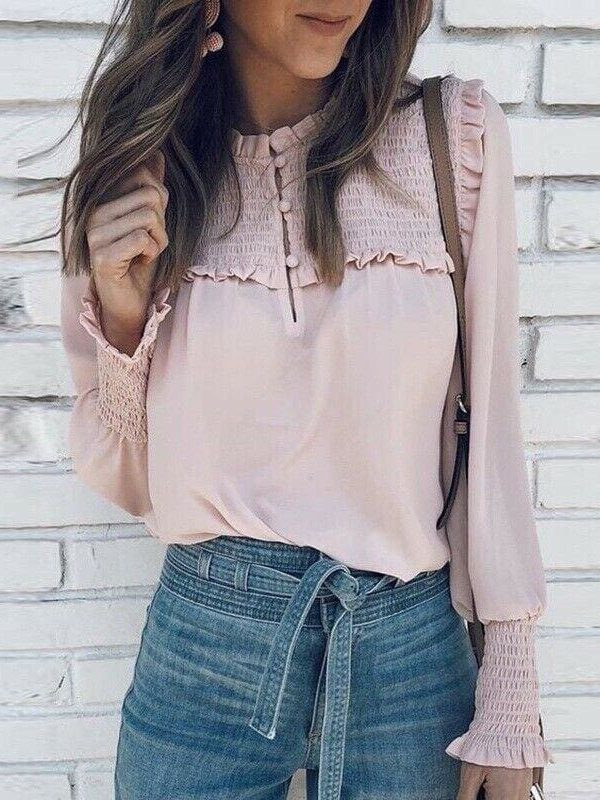 The Best Plus Size Fashion Women Ladies Summer Casual Long Sleeve Loose Blouse Holiday New Chiffon Solid Blouse Shirt Tops Online - Takalr