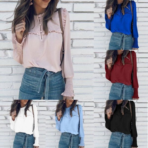 The Best Plus Size Fashion Women Ladies Summer Casual Long Sleeve Loose Blouse Holiday New Chiffon Solid Blouse Shirt Tops Online - Takalr