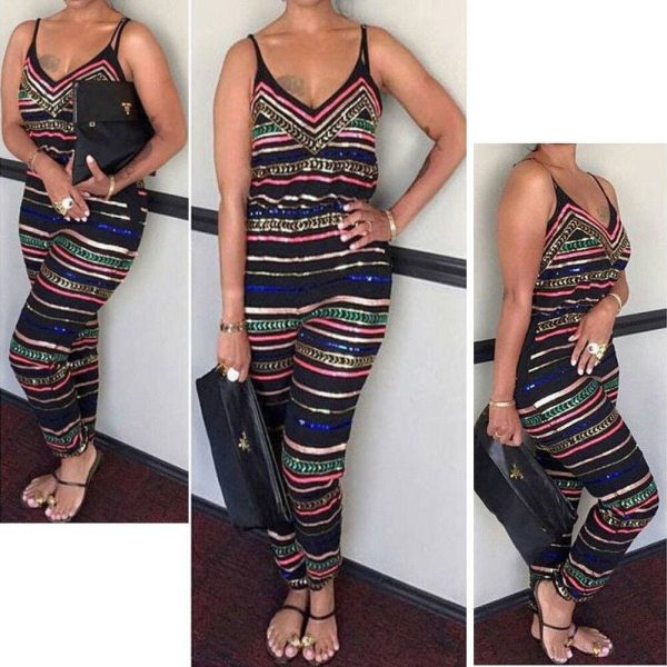 The Best Plus Size Fashion Women Laides Stripe Sleeveless V-neck Romper Trousers Holiday New Summer Beach Print Jumpsuit Online - Takalr