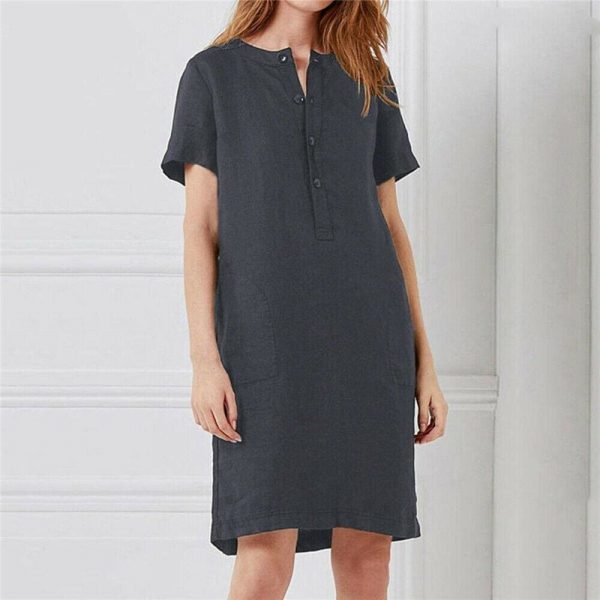 The Best Plus Size Fashion Women Summer Solid O Neck Short Sleeve Cotton Linen Casual Pocket Loose T Shirt Top Women Maxi Dress Sundress Online - Takalr