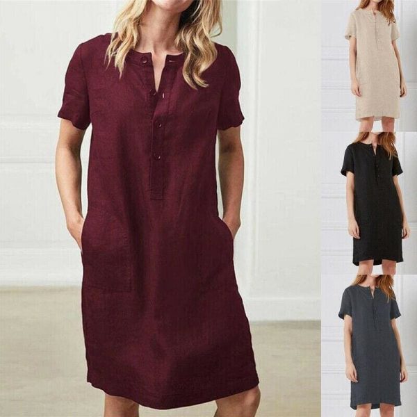 The Best Plus Size Fashion Women Summer Solid O Neck Short Sleeve Cotton Linen Casual Pocket Loose T Shirt Top Women Maxi Dress Sundress Online - Takalr