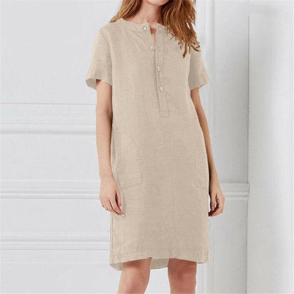 The Best Plus Size Fashion Women Summer Solid O Neck Short Sleeve Cotton Linen Casual Pocket Loose T Shirt Top Women Maxi Dress Sundress Online - Takalr