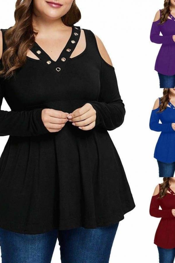 The Best Plus Size Grommet V-Neck Top Blouses For Elegant Ladies Online - Takalr