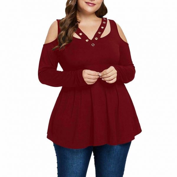 The Best Plus Size Grommet V-Neck Top Blouses For Elegant Ladies Online - Takalr