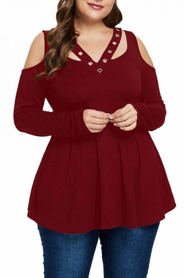 The Best Plus Size Grommet V-Neck Top Blouses For Elegant Ladies Online - Takalr