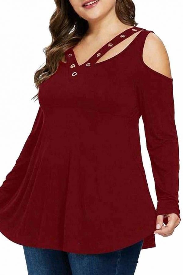 The Best Plus Size Grommet V-Neck Top Blouses For Elegant Ladies Online - Takalr