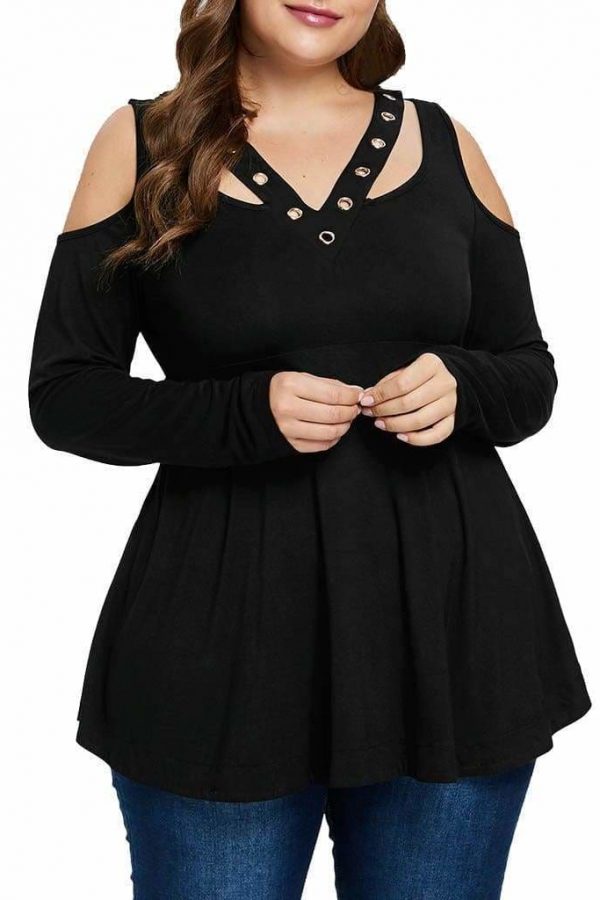 The Best Plus Size Grommet V-Neck Top Blouses For Elegant Ladies Online - Takalr