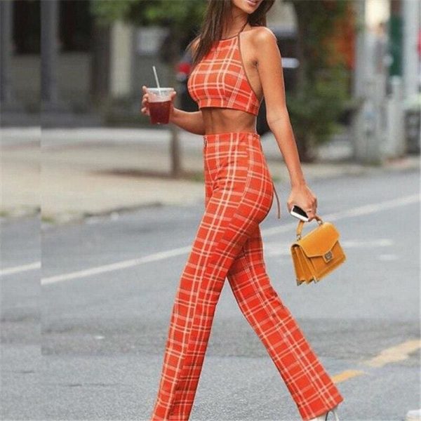 The Best Plus Size Ladies Summer Plaid Clothes Set Fashion Women Sleeveless Holiday Crop Tops+Long Pants 2Pcs Loose Beach Outfit S-2XL Online - Takalr