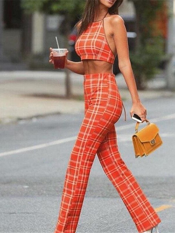 The Best Plus Size Ladies Summer Plaid Clothes Set Fashion Women Sleeveless Holiday Crop Tops+Long Pants 2Pcs Loose Beach Outfit S-2XL Online - Takalr