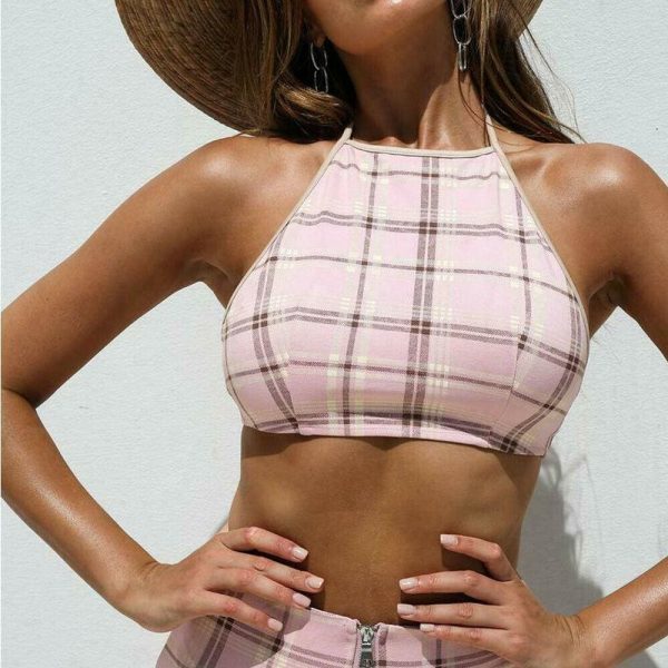 The Best Plus Size Ladies Summer Plaid Clothes Set Fashion Women Sleeveless Holiday Crop Tops+Long Pants 2Pcs Loose Beach Outfit S-2XL Online - Takalr