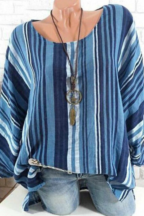 The Best Plus Size New Women Tops Raglan Sleeve Shirt arrival Cotton Linen Striped Baggy Tunic O-Neck Loose Shirt Online - Takalr